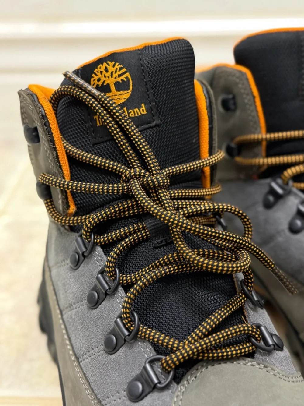 Timberland Men's Gray Suede Hiking Boots with Orange Accents